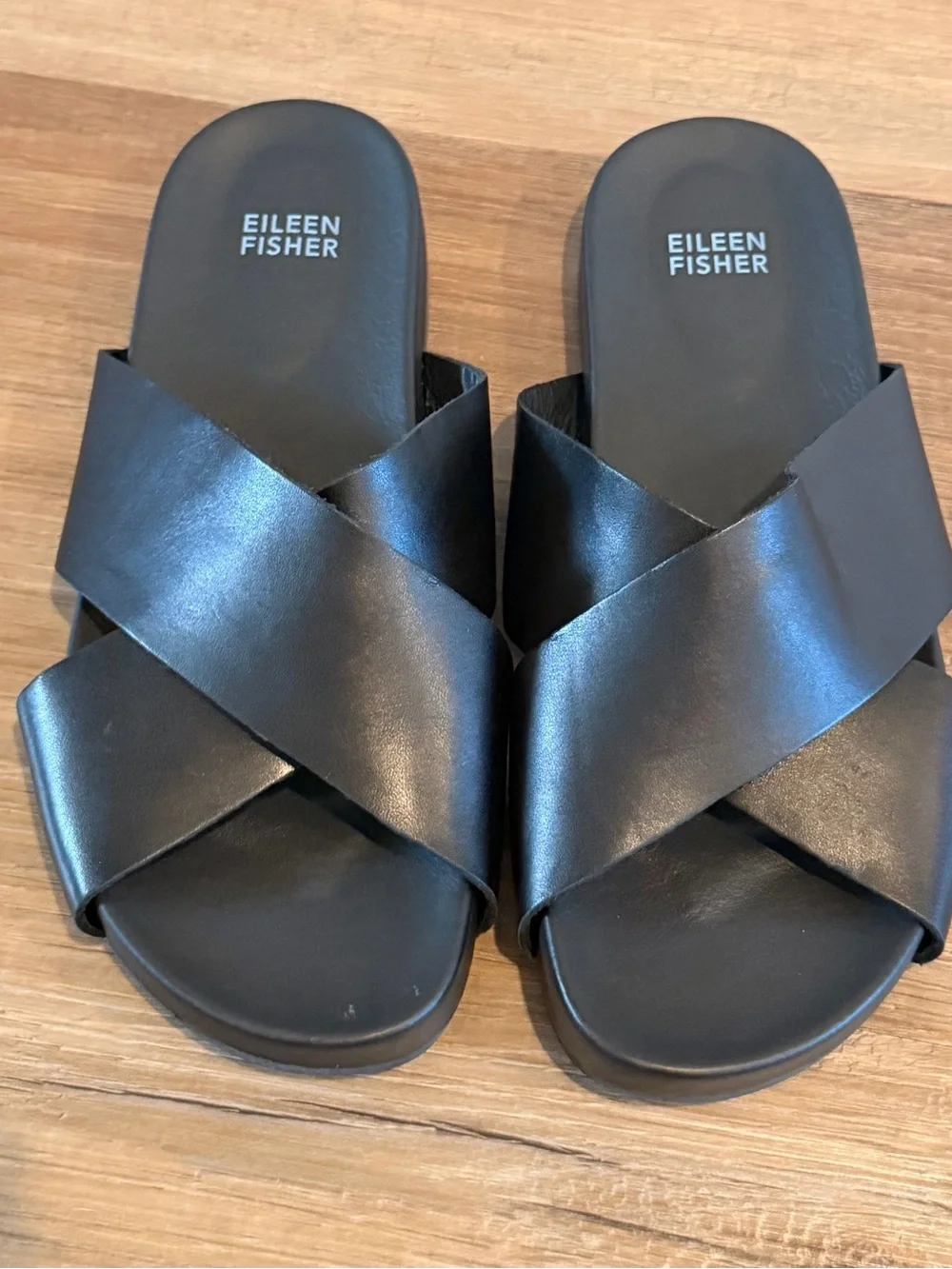 Eileen Fisher Dibs Nappa Leather Wedge Sandal Black Size 8